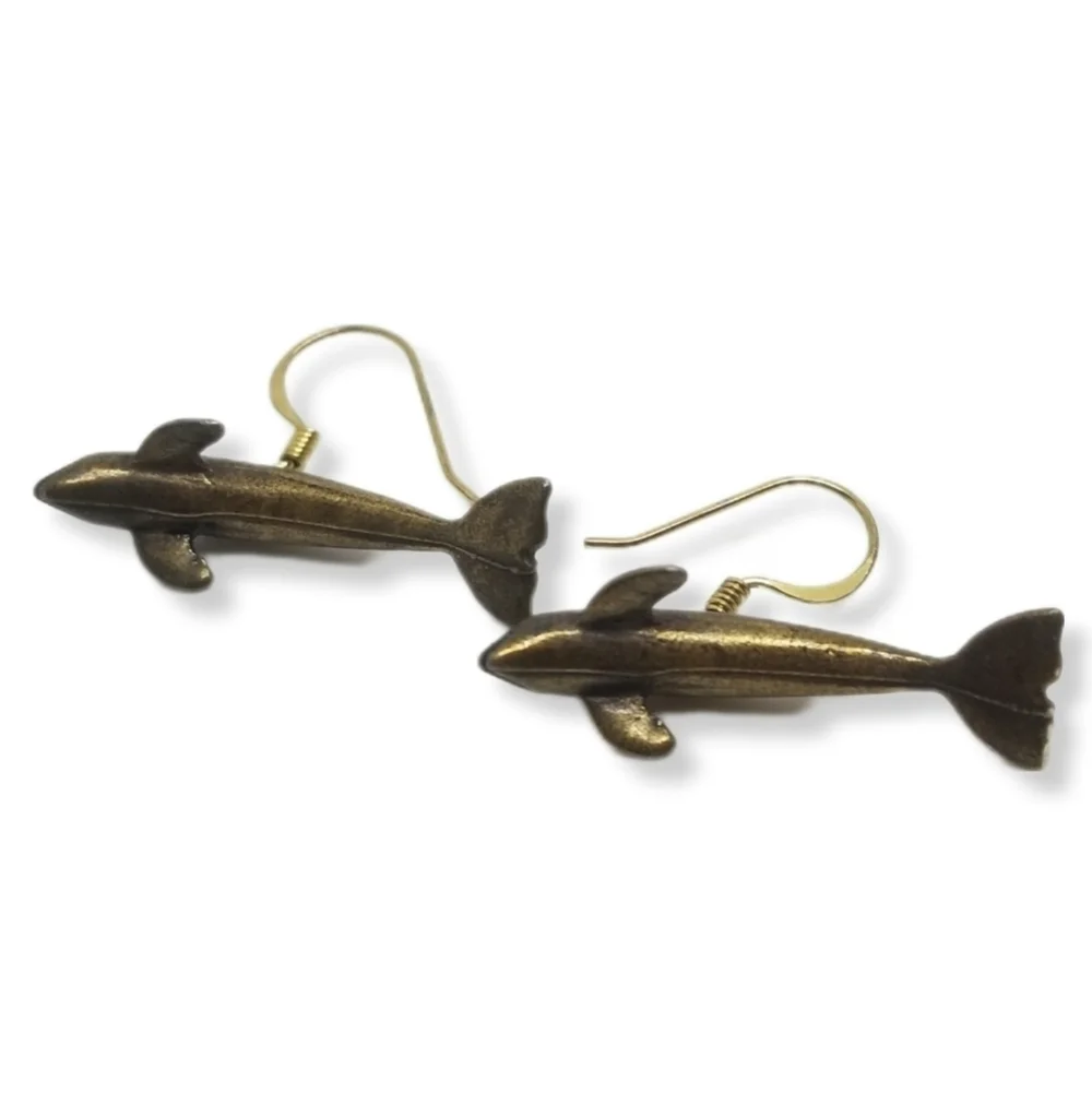 VINTAGE BRASS DOLPHIN DROP HOOK STYLE EARRINGS